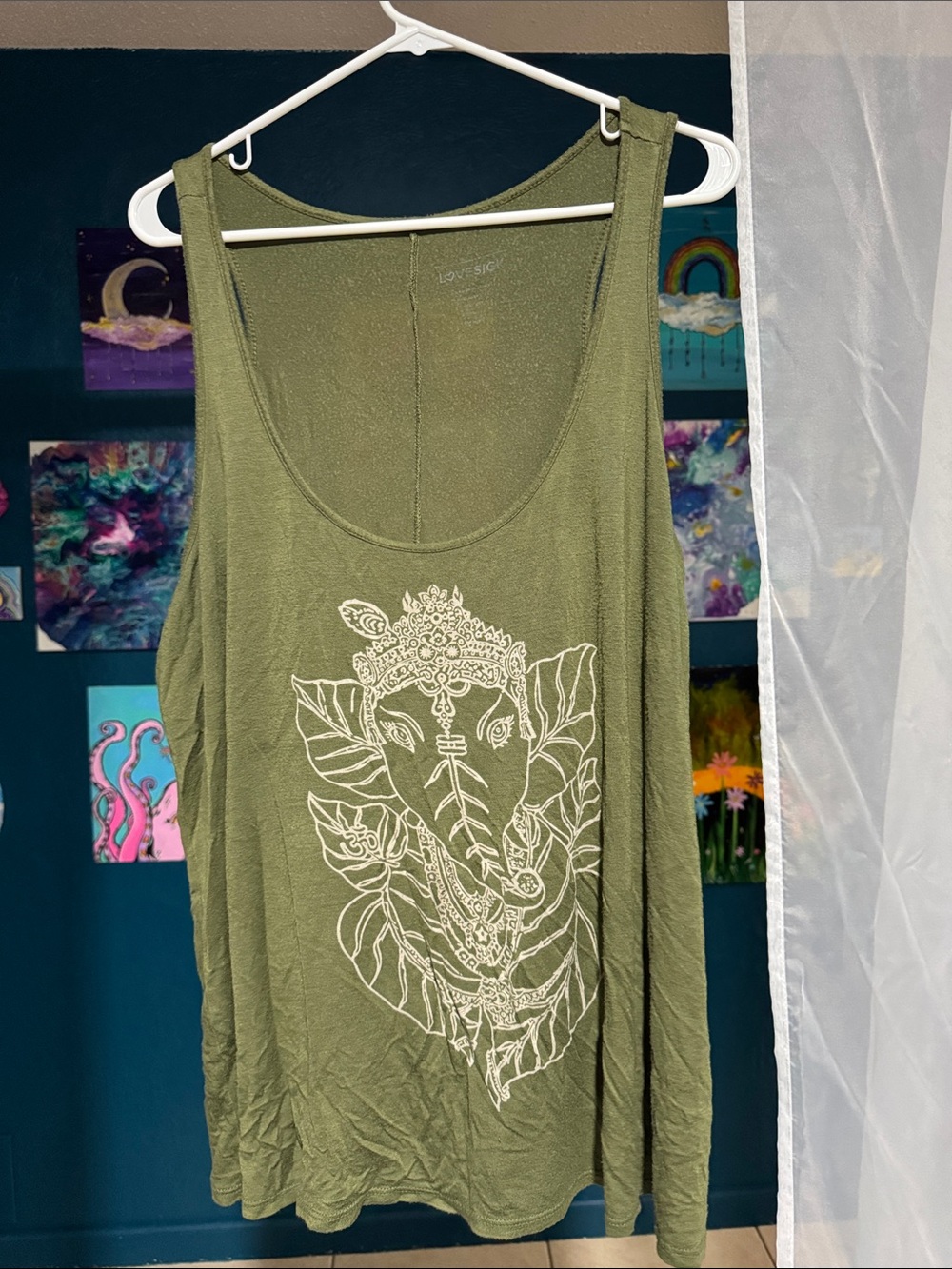 Flowy Olive Green Women’s Tank Top with Elephant Graphic